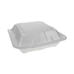 9.13x9x3.25 Vented Foam Hinged Lid Container, Dual Tab Lock Economy, 3-Compartment, White, 150/ct