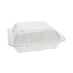 9.13x9x3.25 Pactiv Vented Foam Hinged Lid Container, Dual Tab Lock, 3-Compartment, White, 150/cs