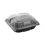 33oz EarthChoice Vented Dual Color Microwavable Hinged Lid Container, 8.5x8.5x3, 3-Compartment, Black/Clear, Plastic, 150/ct