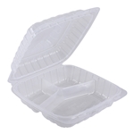 9x9 3 Compartment Empress PP Hinged Container Vented Clear 150/cs