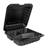 8x8x3 Black Hinged Takeout Container, 3 Compartment, 150/Case