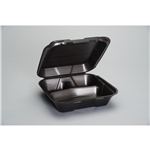9x9x3 Snap-It Foam Hinged Container Large 3-Compartment 9-1/4 x 9-1/4 x 3 Black, 200/pk