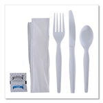 Heavyweight 6pcs Cutlery Kit White, Condiment, fork, knife, napkin, spoon, Boardwalk, 250/cs
