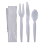 4pc Heavy weight Cutlery Kit, Fork, knife, napkin, teaspoon, Boardwalk, White, 250/cs