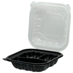 8x8 3 Compartment PP Hinged Container Black/Clear Lid, Vented, Empress, 180/cs