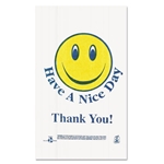 BarnesPape Smiley Face Shopping Bags, 12.4 MIC, Thank You - Have a Nice Day Labeling, Cut-Out Handles, 11.5" x 6.5" x 21", White/Red, 900/Carton