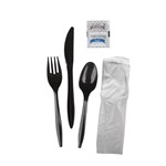 Prime Source Polypropylene Knife, Fork, Teaspoon, Salt and Pepper, 10" x 12" Napkin Cutlery Kit, Black, Medium 1/CS/250