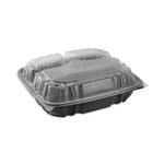 34oz EarthChoice Vented Dual Color Microwavable Hinged Lid Container, 3-Comp Base/Lid, 10.5x9.5x3, Blk/Clr, Plastic, 132/ct