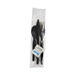 6pc Heavyweight Cutlery Kit, Condiment, fork, knife, napkin, spoon, Black, Boardwalk, 250/cs