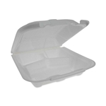 9.13x9x3.25 Vented Foam Hinged Lid Container, Dual Tab Lock Economy, 3-Compartment, White, 150/ct