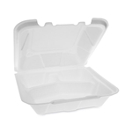9.13x9x3.25 Pactiv Vented Foam Hinged Lid Container, Dual Tab Lock, 3-Compartment, White, 150/cs