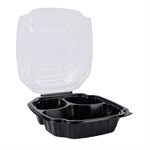 EcoSystems Polypropylene 3-Compartment Hinged Container, Black; Clear, 8" x 8" x 3", 1/CS/150 2/75