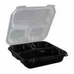 Genpak Large Hinged Close-Off Container Black / Clear, 3-Comp, 9.25x9.125x3 2 / 75 cs