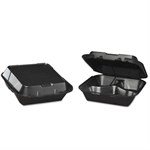 Genpak Medium 3-Comp Hinged Container 8"x 8"x 3" Black Foam 2 / 100 cs