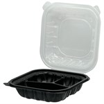 Empress PP Hinged Container Black/Clear Lid 10.25" x 9" x 3" , 3 Comp , Vented 6 / 25 cs