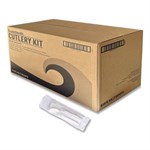 Four-Piece Cutlery Kit, Fork/Knife/Napkin/Teaspoon, Mediumweight, Polystyrene, White, 250/Carton