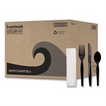Four-Piece Cutlery Kit, Fork/knife/napkin/teaspoon, Heavyweight, Black, 250/carton