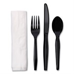 Four-Piece Cutlery Kit, Fork/knife/napkin/teaspoon, Black, 250/carton