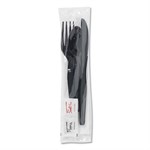 Wrapped Tableware/napkin Packets, Fork/knife/spoon/napkin, Black, 250/ct