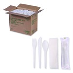Plantware Compostable Cutlery Kit, Knife/fork/spoon/napkin, 6", Pearl White, 250 Kits/carton