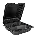 9x9 3 Compartment Black Hinged Take-Out Container, Plastic, 150/cs