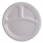 Vanguard Renewable and Compostable Sugarcane Plates, 3-Compartment Plate, 10" dia, White, 500/Carton